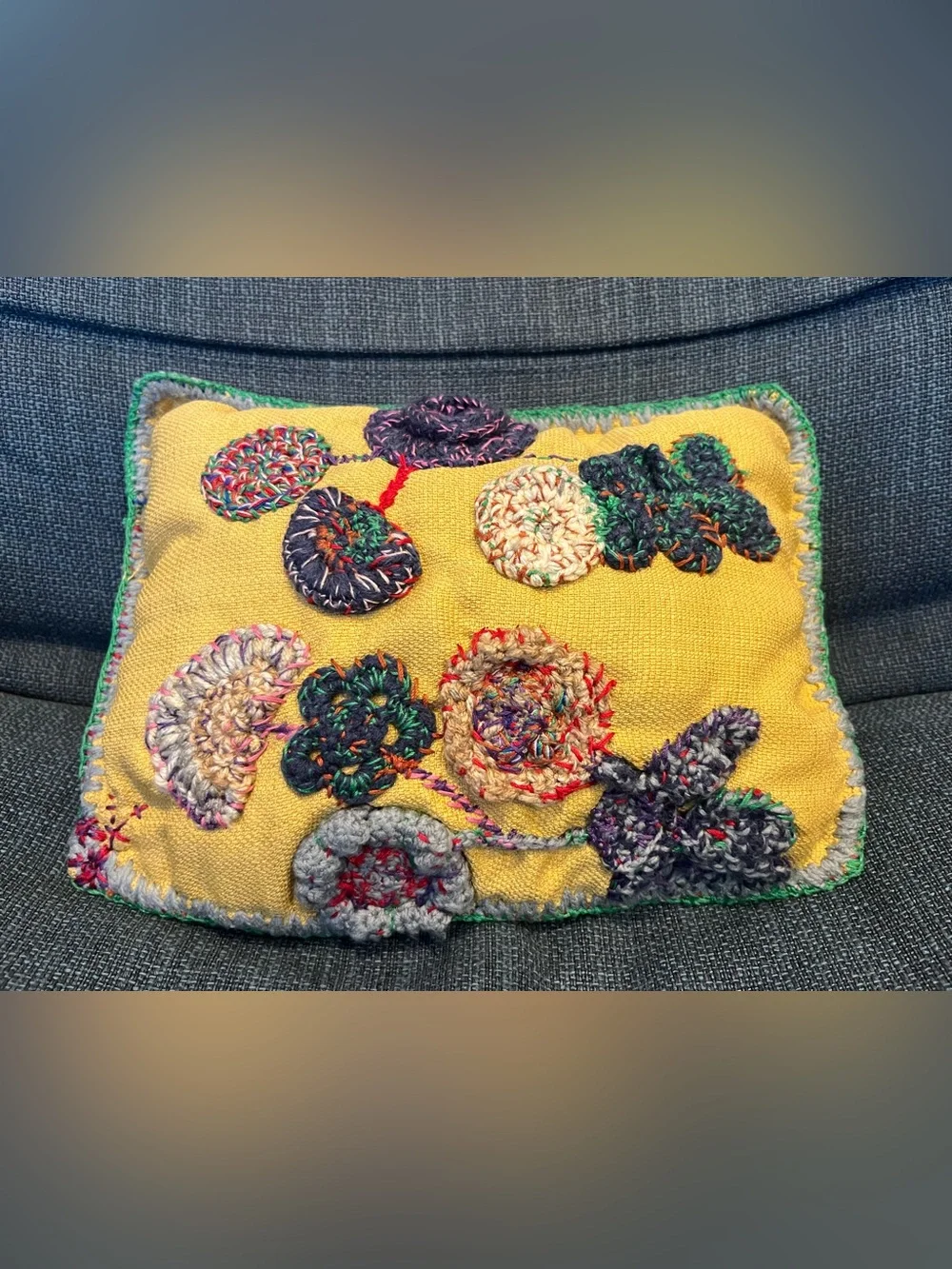 Handmade Embroidered Floral Pillow – Green Border – Boho Textile Art